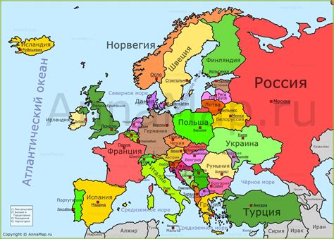 Карта Европы на русском языке со странами и столицами - AnnaMap.ru