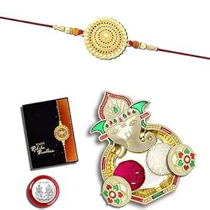 Periapt Pooja Thali with Rakhi Set for Brother - Designer Golden Colour ...