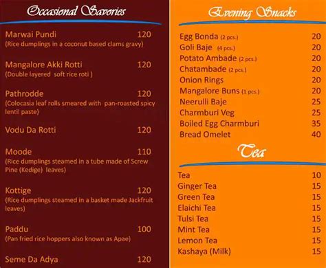 Menu at Golden Shell, Bengaluru