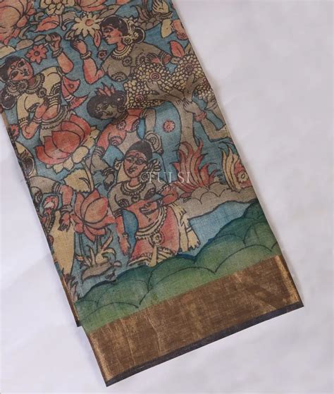 Buy Blue Tussar Kalamkari Saree T694795