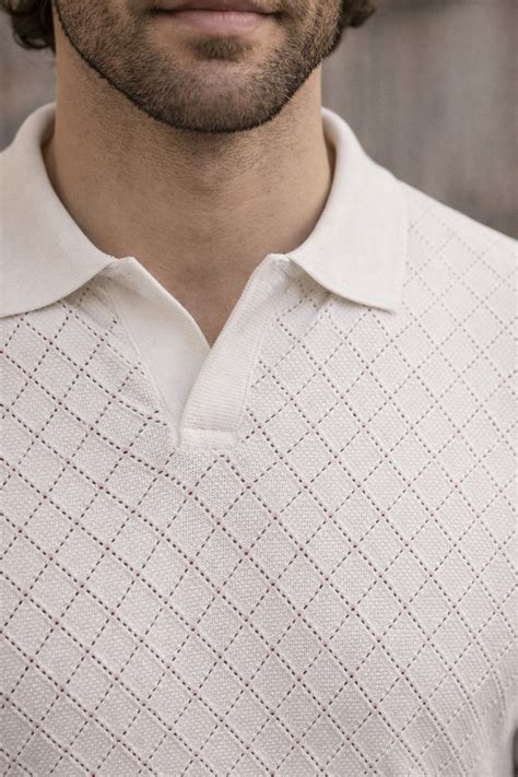 Classic Diamond Weave White Flatknit Textured Loose Fit Exclusive Polo ...