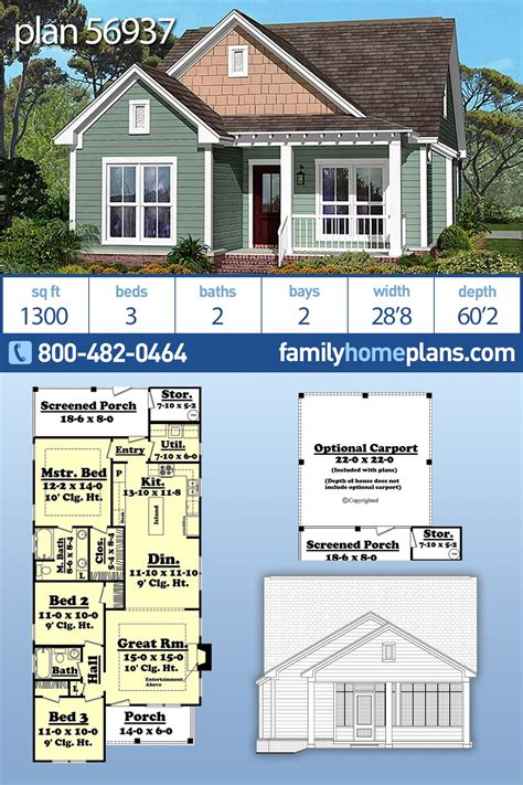 Plan 56937 | Traditional Style, 1300 Sq Ft, 3 Bed, 2 Bath, 2 Car ...