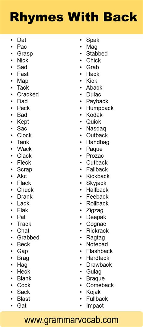 Words That Rhyme With Back - GrammarVocab