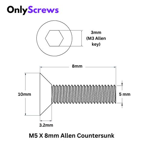 M5 X 8mm Hex (Allen) CSK SS 304 Screw (Dia. 5mm, Length 8mm) – OnlyScrews