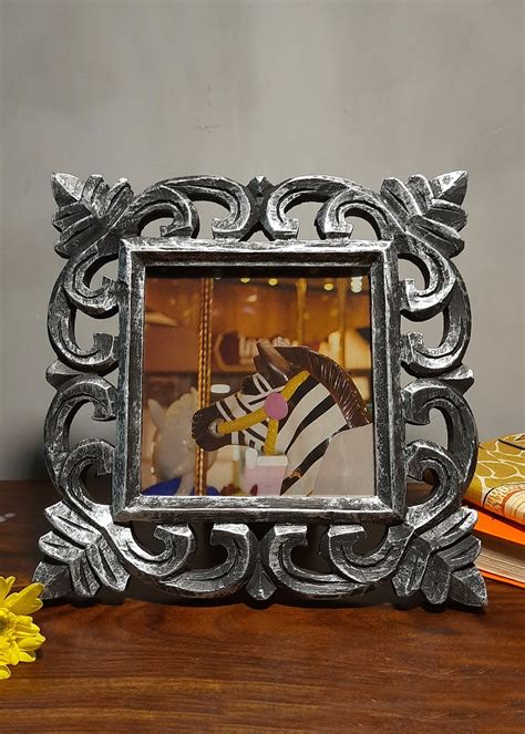 Get Single Table Top Wooden Carved Photo Frame in Silver Color (Photo ...