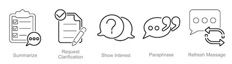 A set of 5 active listening icons as summarize request clarification ...