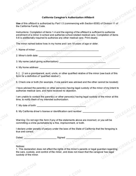 California Caregiver Authorization Affidavit - Consent | US Legal Forms