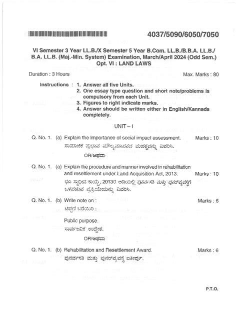 Land Laws Apr 202480 - LAND LAW QP 2023-2024 - VI Semester 3 Year ...