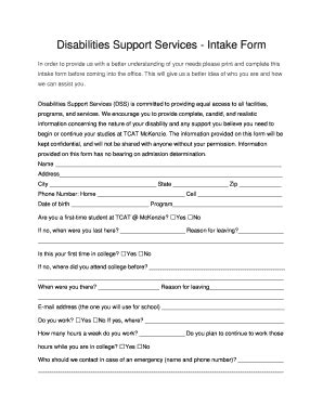 Fillable Online tcatmckenzie Disabilities Support Services Intake Form ...
