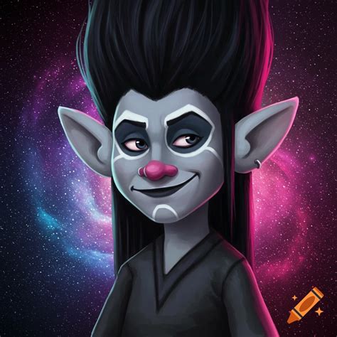 Dreamworks troll with light greyish blue skin, white makeup, and long ...