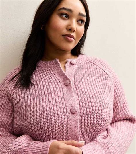 Curves Pink Ribbed Knit Raglan Sleeve Cardigan | New Look