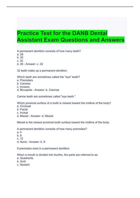 Practice Test for the DANB Dental Assistant Exam Questions and Answers ...
