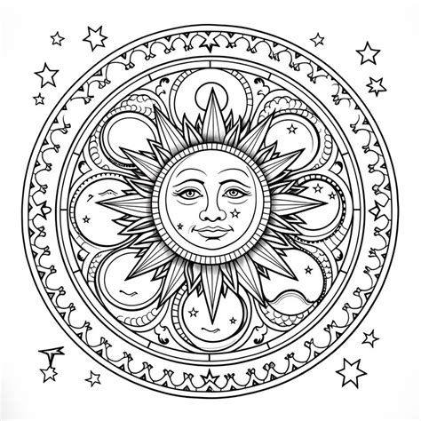 A black and white drawing of a sun with stars around it | Premium AI ...