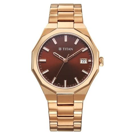 Titan Regalia Dodecagon Brown Dial Rose Gold Watch For Men - 90212WM01 ...