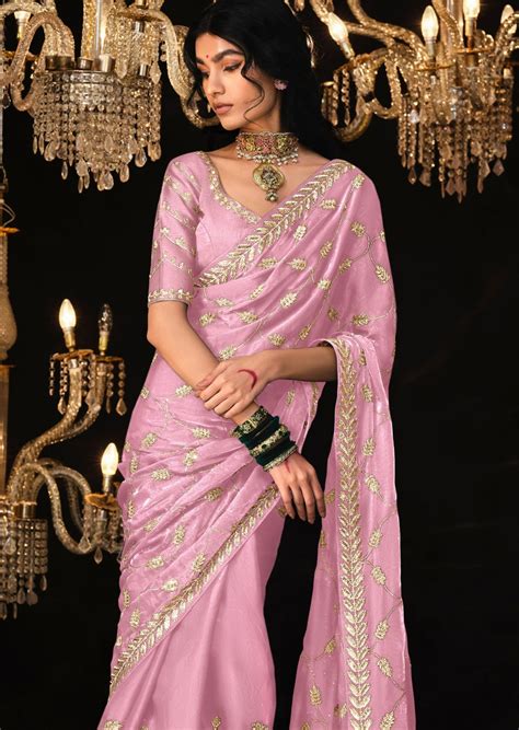 Organza Embroidered Pastel Pink Designer Saree USA Online Shopping – Sunasa