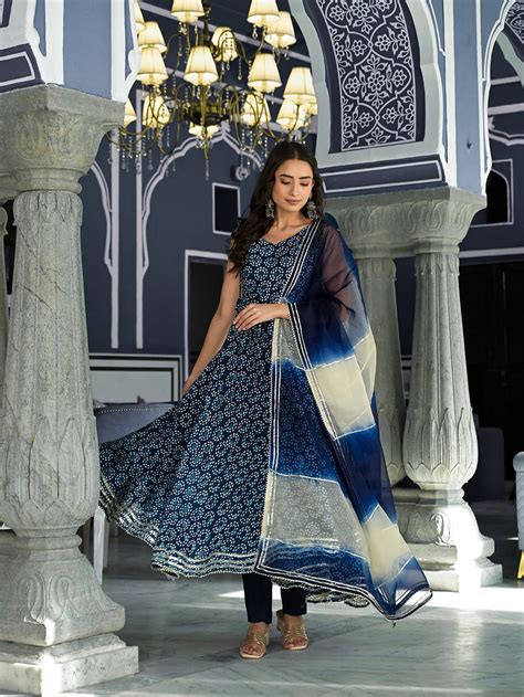Divena Blue Printed Anarkali Muslin Shoulder Stripe Kurta Trouser with ...