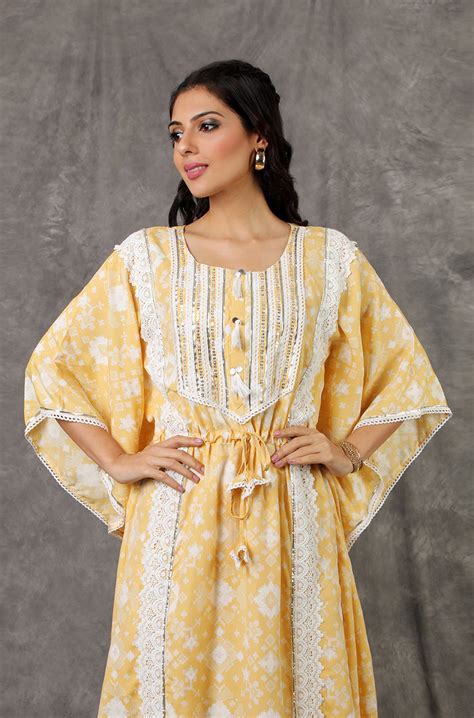 NOOR by ISHNYA - Yellow Long Kaftan Set with Embroidered Pants - Ishnya
