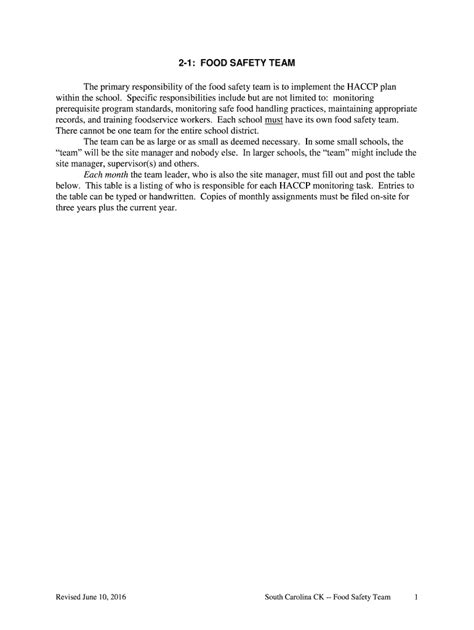 Fillable Online ed sc 2-1: FOOD SAFETY TEAM The primary responsibility ...