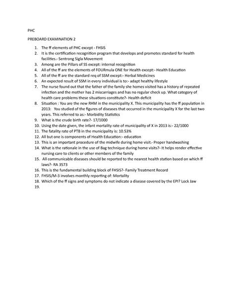 PHC - none there is no description - PHC PREBOARD EXAMINATION 2 The ff elements of PHC except ...