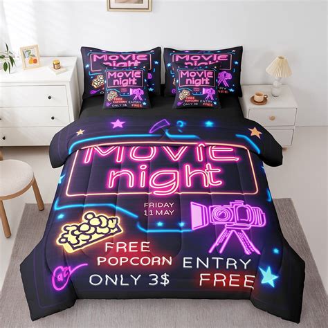 Neon Sign Movie Theater Decor 7 Piece Comforter Set Full Bed in a Bag ...