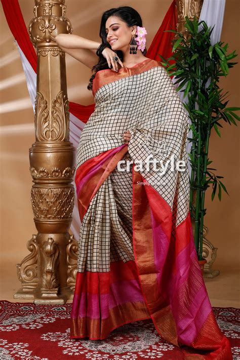 Ivory White & Black Check Design Hand Block Pure Zari Tussar Saree ...