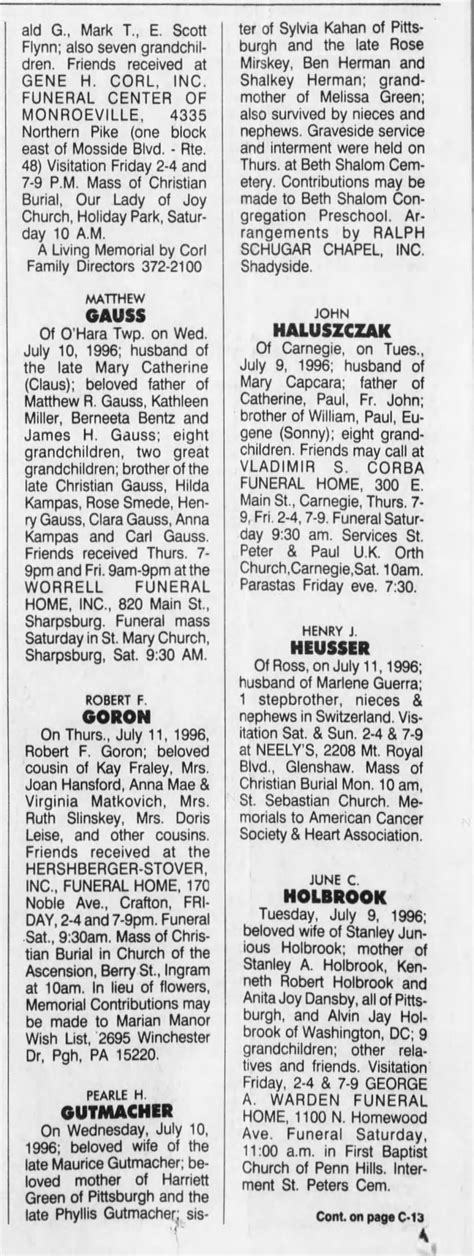 Obituary, Pittsburgh Post-Gazette 12 Jul 1996 - Newspapers.com