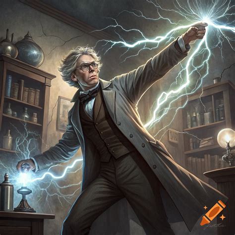 Illustration of Michael Faraday generating lightning in a cluttered science lab. on Craiyon