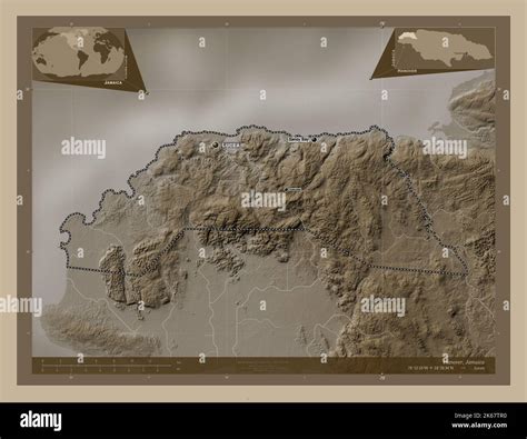 Hanover, parish of Jamaica. Elevation map colored in sepia tones with ...