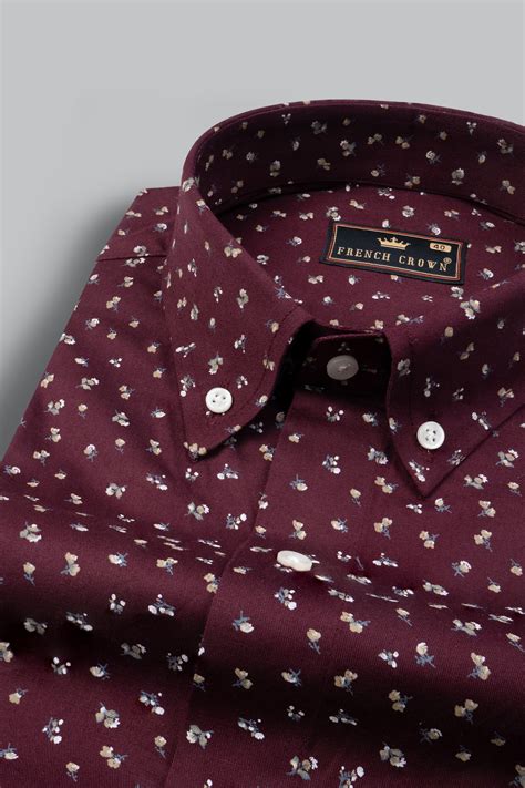 Wine Color with Ditsy Flower Formal/Casual Prints Premium Cotton Button ...