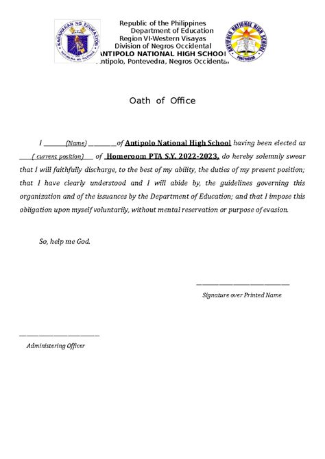 Homeroom PTA Officers oath of office - Republic of the Philippines Department of Education ...