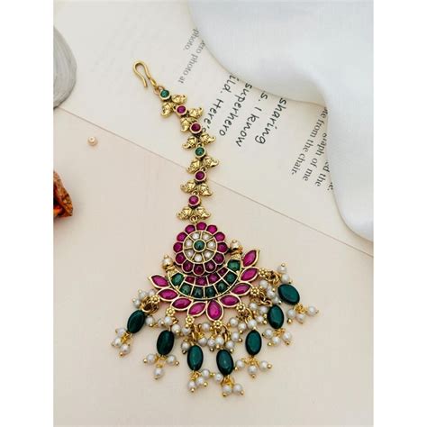 Buy Abdesigns Gold Plated Kemp Stone Studded and Beaded Temple Maang ...