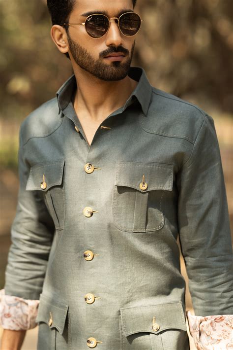 Grey Linen Safari Shirt for Men | Bhasin Brothers
