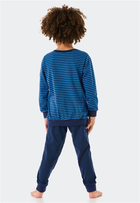 Pajamas long organic cotton cuffs stripes construction vehicle blue ...