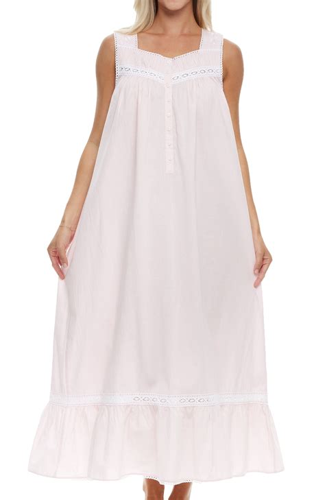 ADR Women's Cotton Nightgown, Sleeveless Lace Trimmed Button Up Long ...