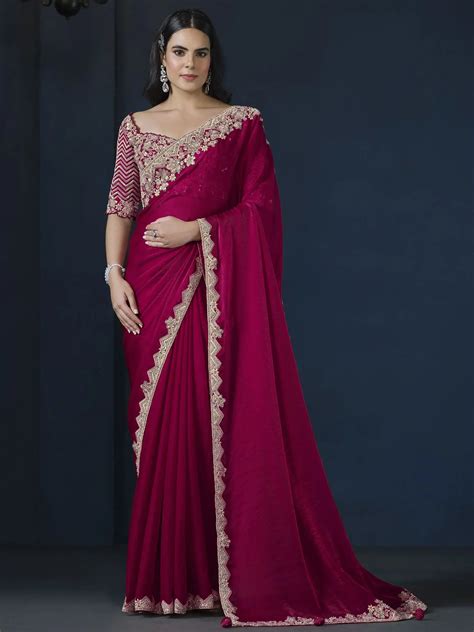 ⚡️Buy Pretty Rani Pink Embroidered Satin Silk Wedding Wear Saree With ...