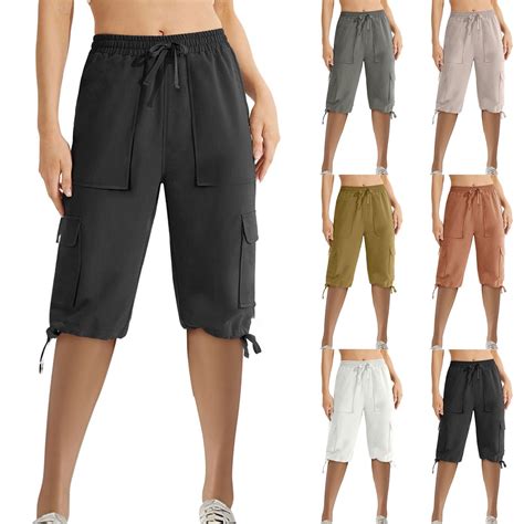 APEXFWDT Womens Cargo Shorts Multi Pockets Casual Over Knee Capri Pants ...