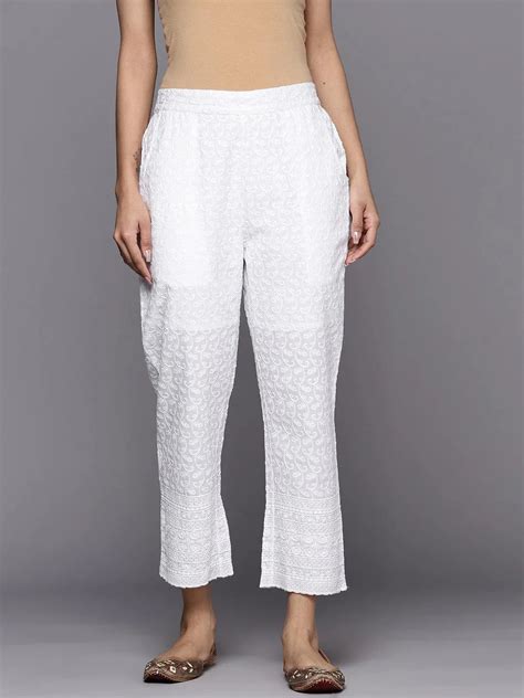 Buy White Embroidered Cotton Trousers Online at Rs.699 | Libas
