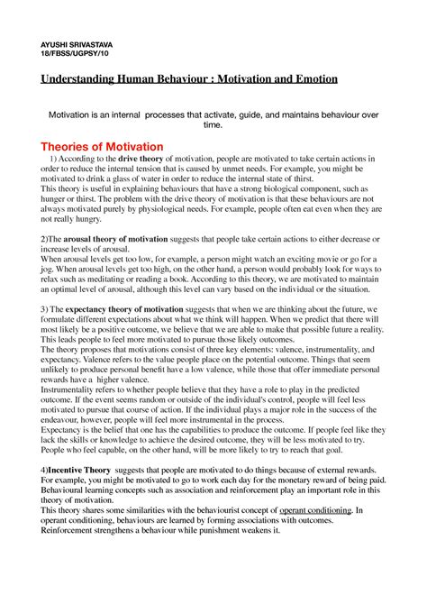 Uhb 1 - AYUSHI SRIVASTAVA 18/FBSS/UGPSY/ Understanding Human Behaviour ...