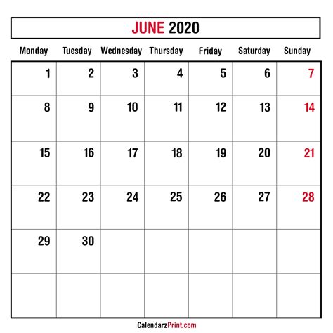 June 2020 Monthly Planner Calendar – Printable Free – Monday Start ...