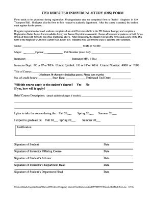 Fillable Online cfr msstate CFR DIRECTED INDIVIDUAL STUDY (DIS) FORM If ...