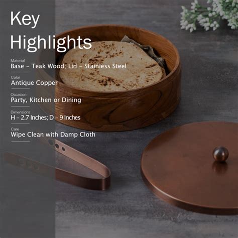 Buy Copper Acacia Wood Roti Box with Tong Online in India - Nestroots
