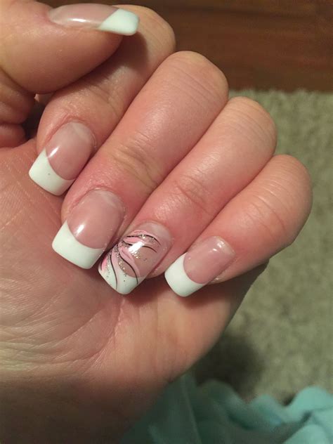 French Manicure Shallac Gel Nails With Pink Sparkly Ring Finger Design ...