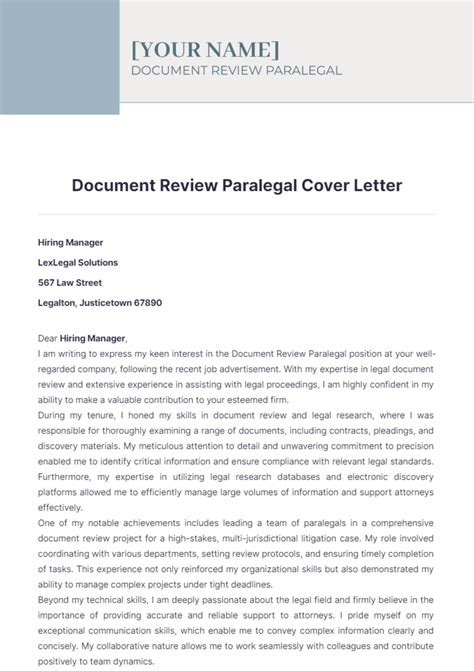 Free Document Review Paralegal Cover Letter Template to Edit Online
