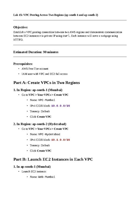 Lab 15: VPC Peering Setup Between AWS Regions - Studocu