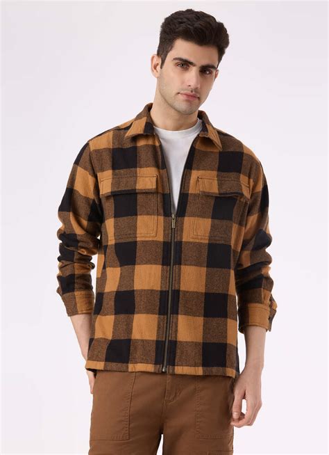 Men Brown Oversized Check Zip Shirt Jacket | Pepe Jeans India