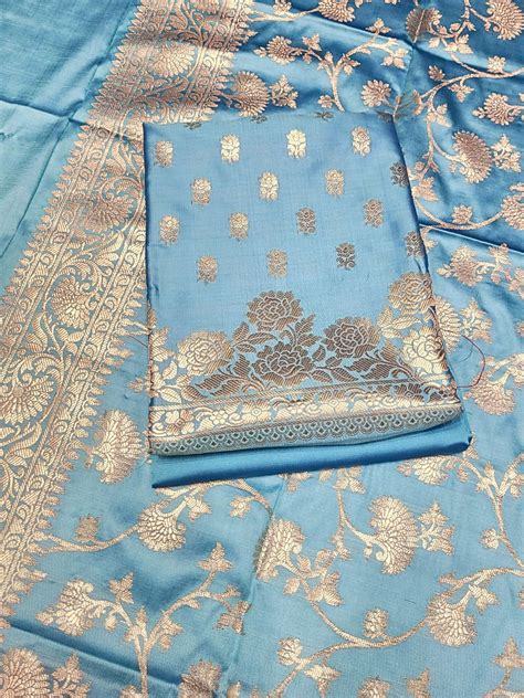 Banarasi Satin Silk Dress Material with Floral Rose Zari Weave & Tasse ...