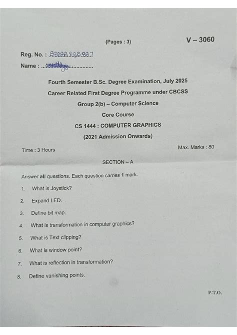 CS V 3060: Computer Graphics Fourth Semester Exam Questions - Studocu