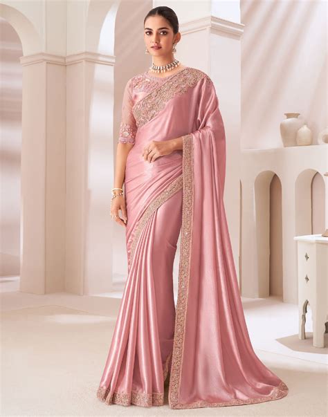 Light Rose Pink Satin Sequence Embellished Saree – Sudathi