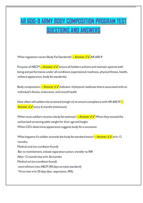AR 600-9 ARMY BODY COMPOSITION PROGRAM TEST QUESTIONS AND ANSWERS - AR ...