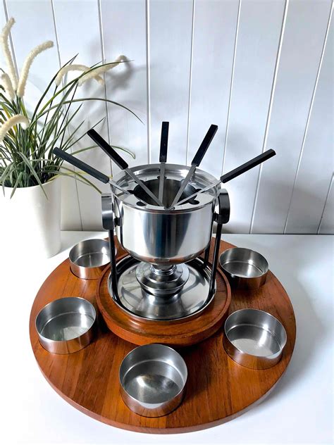 Vintage Stelton Denmark Fondue Pot Set W Teak Lazy Susan / | Etsy UK ...